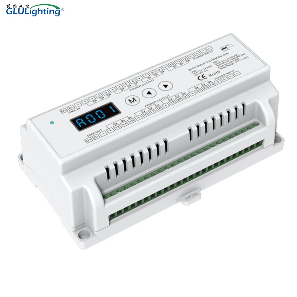 Din Rail tipo 24 kanalų DMX ir RDM dekoderis